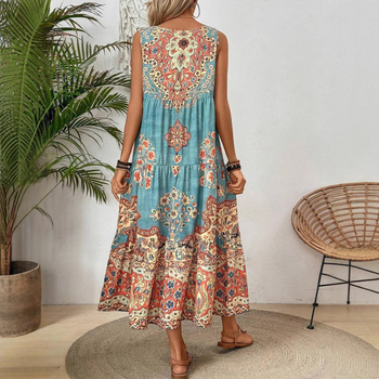 2025 Nové európske a americké cezhraničné potlačené bez rukávov s okrúhlym výstrihom, vesta, módne sviatočné potlačené šaty pre ženy