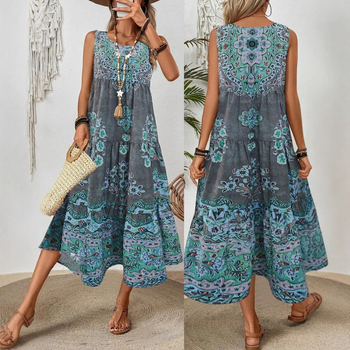 2025 Nové európske a americké cezhraničné potlačené bez rukávov s okrúhlym výstrihom, vesta, módne sviatočné potlačené šaty pre ženy