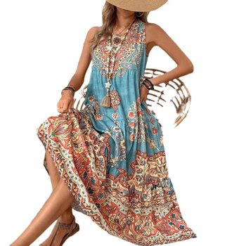 2025 Nové európske a americké cezhraničné potlačené bez rukávov s okrúhlym výstrihom, vesta, módne sviatočné potlačené šaty pre ženy
