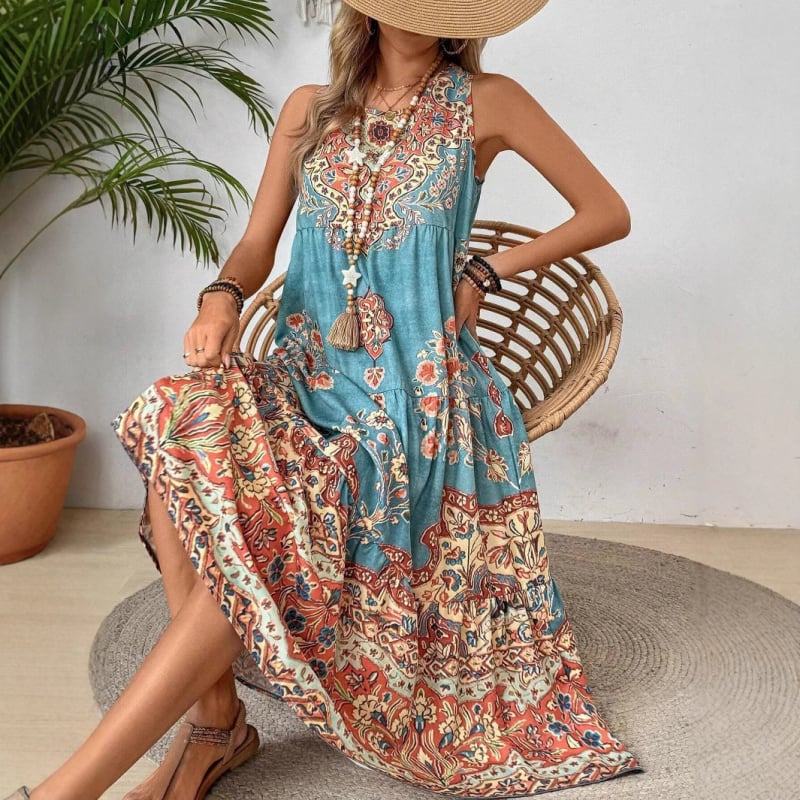 2025 Nové európske a americké cezhraničné potlačené bez rukávov s okrúhlym výstrihom, vesta, módne sviatočné potlačené šaty pre ženy