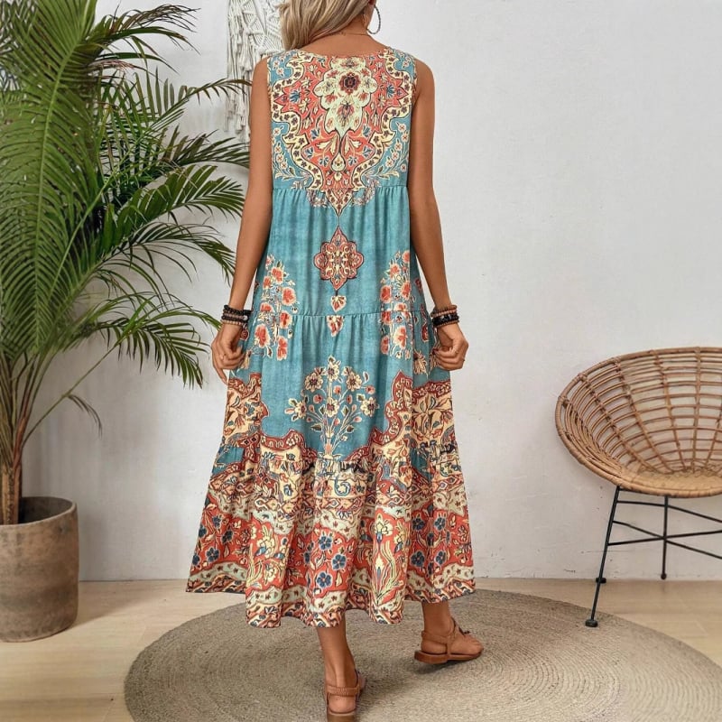 2025 Nové európske a americké cezhraničné potlačené bez rukávov s okrúhlym výstrihom, vesta, módne sviatočné potlačené šaty pre ženy