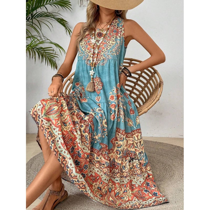 2025 Nové európske a americké cezhraničné potlačené bez rukávov s okrúhlym výstrihom, vesta, módne sviatočné potlačené šaty pre ženy