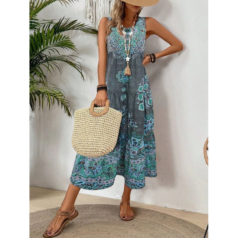 2025 Nové európske a americké cezhraničné potlačené bez rukávov s okrúhlym výstrihom, vesta, módne sviatočné potlačené šaty pre ženy