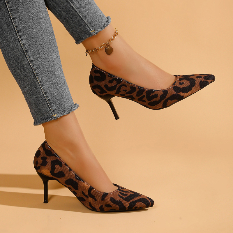 Prekogranična vanjska trgovina plus size cipele s visokom petom za žene proljeće i jesen 2025. nove europske i američke špicaste cipele s plitkim ustima i leopard printom