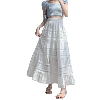 Λευκή φούστα μισού μήκους 2024 Άνοιξη με γαλλικό κοψίματα, φούστα σε γραμμή Α από δαντέλα, φούστα μέχρι το πάτωμα, φούστα με ραφές και ψηλή μέση