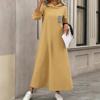 Ekstra duga haljina s kapuljačom, dugi rukavi, uski kroj, jesenska kolekcija 2025., svestrana ravna haljina pune duljine