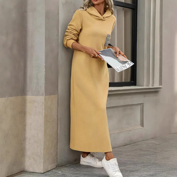Ekstra duga haljina s kapuljačom, dugi rukavi, uski kroj, jesenska kolekcija 2025., svestrana ravna haljina pune duljine