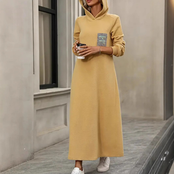 Ekstra duga haljina s kapuljačom, dugi rukavi, uski kroj, jesenska kolekcija 2025., svestrana ravna haljina pune duljine