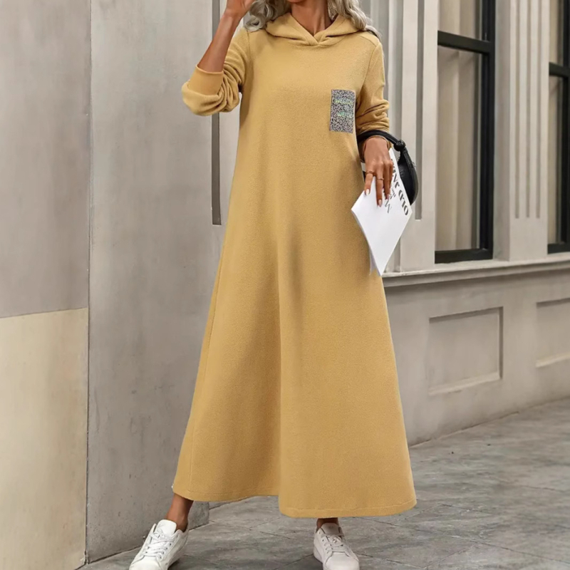 Ekstra duga haljina s kapuljačom, dugi rukavi, uski kroj, jesenska kolekcija 2025., svestrana ravna haljina pune duljine