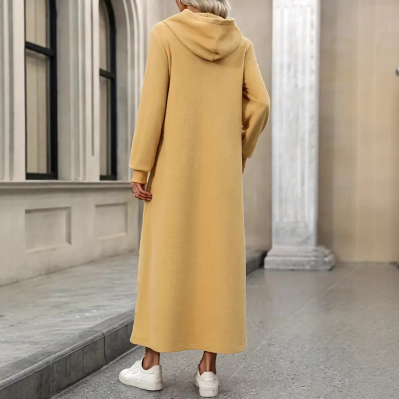 Ekstra duga haljina s kapuljačom, dugi rukavi, uski kroj, jesenska kolekcija 2025., svestrana ravna haljina pune duljine