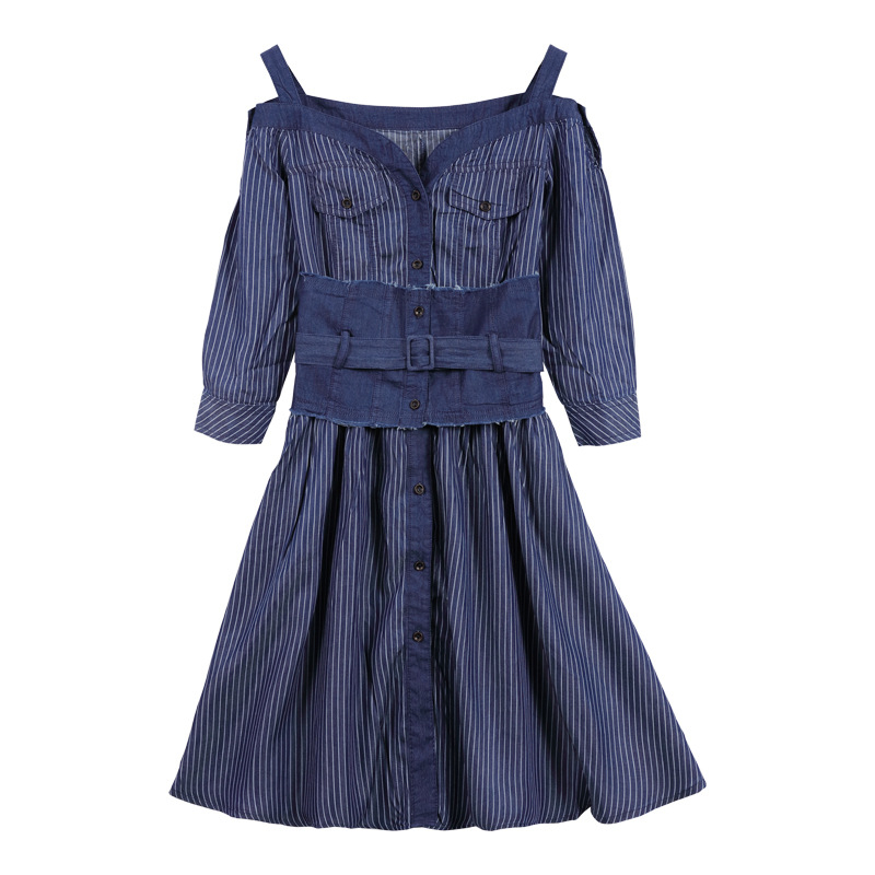 Elegantné pruhované šaty s odhalenými ramenami a lodičkovým výstrihom z tencelového denimu, krátka retro sukňa 2024, široký opasok A82156