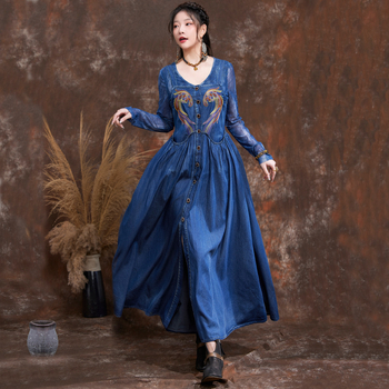 Jarné a letné nové úzke džínsové šaty s golierom a trakmi, retro vyšívaným kardiganom 82575