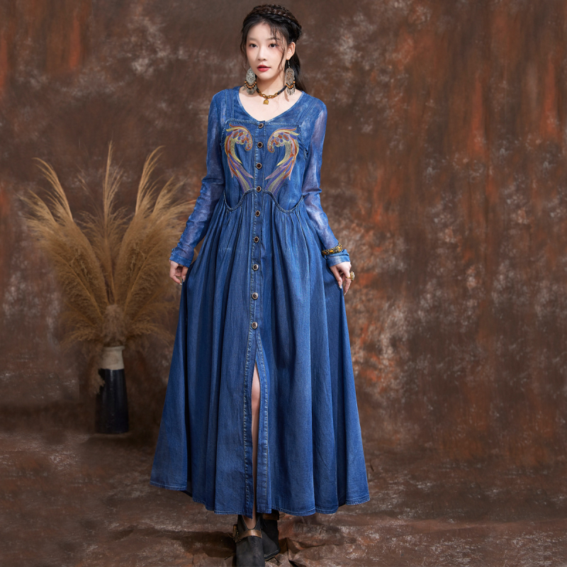 Jarné a letné nové úzke džínsové šaty s golierom a trakmi, retro vyšívaným kardiganom 82575