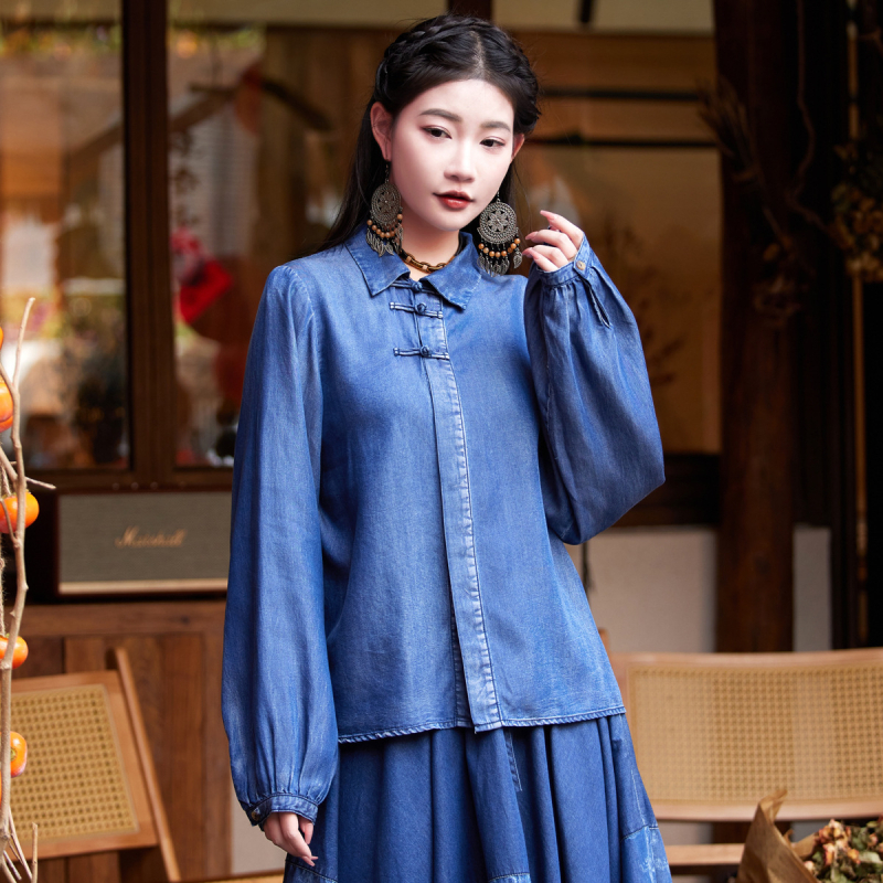 Ljeto 2025. Nova kineska košulja s rukavima na kopčanje za žene, elegantni top od Tencel trapera s reverom za žene 9375