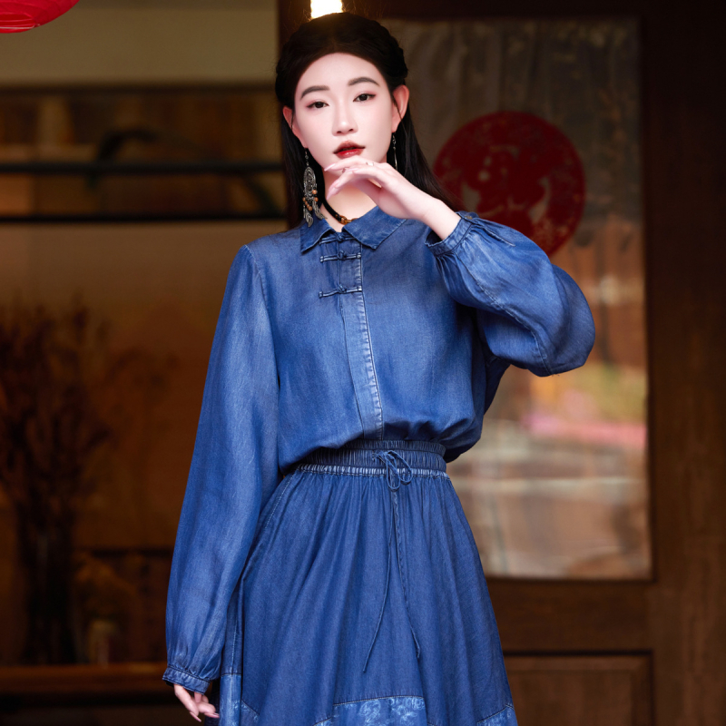 Ljeto 2025. Nova kineska košulja s rukavima na kopčanje za žene, elegantni top od Tencel trapera s reverom za žene 9375