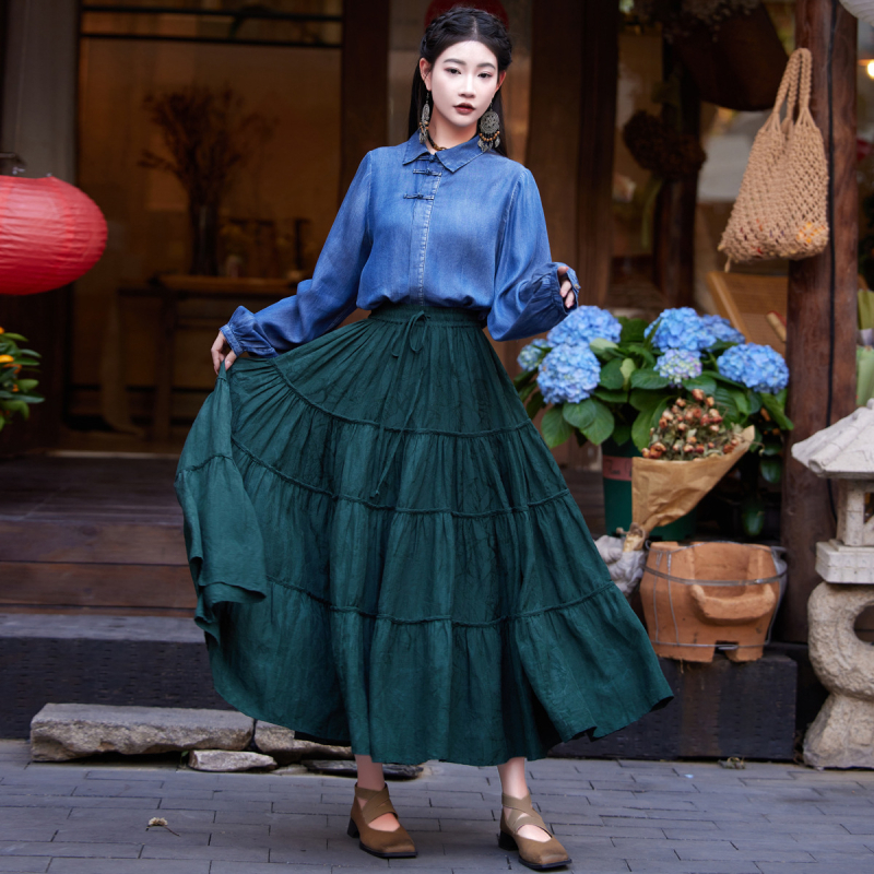 Ljeto 2025. Nova kineska košulja s rukavima na kopčanje za žene, elegantni top od Tencel trapera s reverom za žene 9375