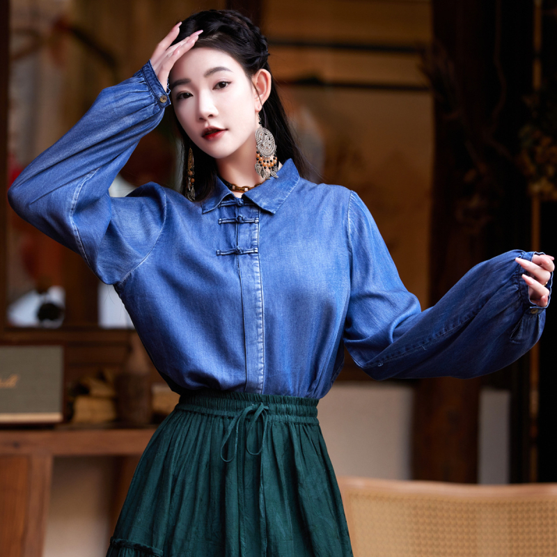 Ljeto 2025. Nova kineska košulja s rukavima na kopčanje za žene, elegantni top od Tencel trapera s reverom za žene 9375