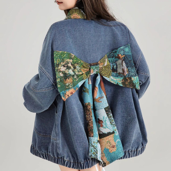 Γυναικεία πανωφόρια τζιν ρετρό, φθινοπωρινή σεζόν, γαλλικού στιλ, λογοτεχνικό, φλοράλ, κοντό μπουφάν με κλιπ πεταλούδας, άνοιξη-φθινόπωρο 2024, νέο στυλ