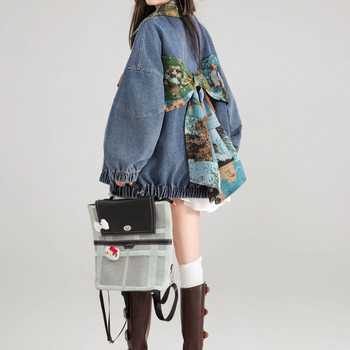 Γυναικεία πανωφόρια τζιν ρετρό, φθινοπωρινή σεζόν, γαλλικού στιλ, λογοτεχνικό, φλοράλ, κοντό μπουφάν με κλιπ πεταλούδας, άνοιξη-φθινόπωρο 2024, νέο στυλ