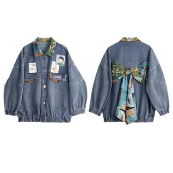 Γυναικεία πανωφόρια τζιν ρετρό, φθινοπωρινή σεζόν, γαλλικού στιλ, λογοτεχνικό, φλοράλ, κοντό μπουφάν με κλιπ πεταλούδας, άνοιξη-φθινόπωρο 2024, νέο στυλ