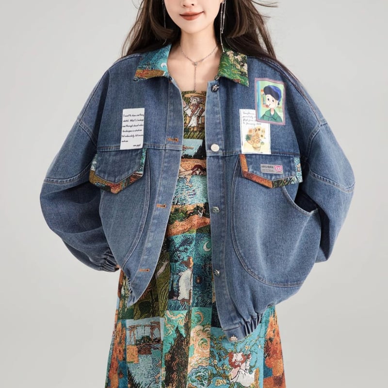 Jachetă scurtă din denim retro pentru femei, stil francez, cu imprimeu floral și fluture, cu clips, primăvară și toamnă, stil nou