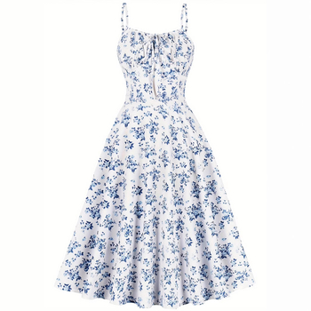 Ženska vintage cvjetna haljina s naramenicama i špagetima - 100% poliester