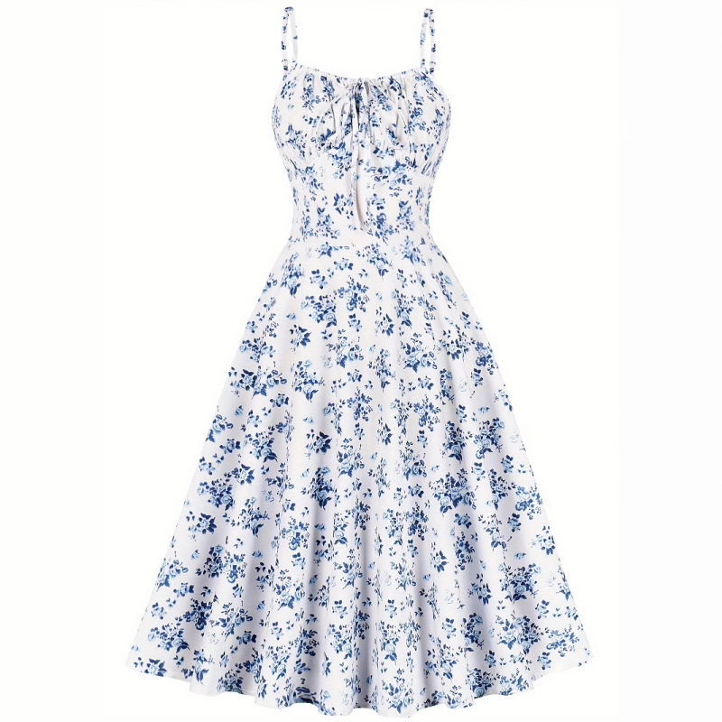 Ženska vintage cvjetna haljina s naramenicama i špagetima - 100% poliester