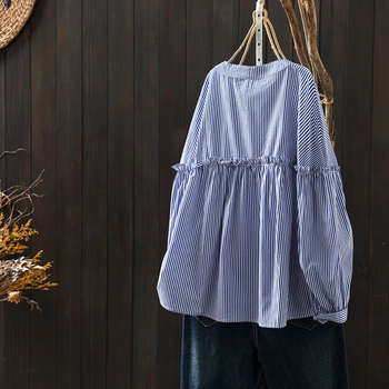 Dámske bavlnené tričko s dlhým rukávom, modrým pruhom a priamym predajom z továrne, jarné, nové, štýlové, s hubou, voľné, sťahujúce, s horným spodným dielom