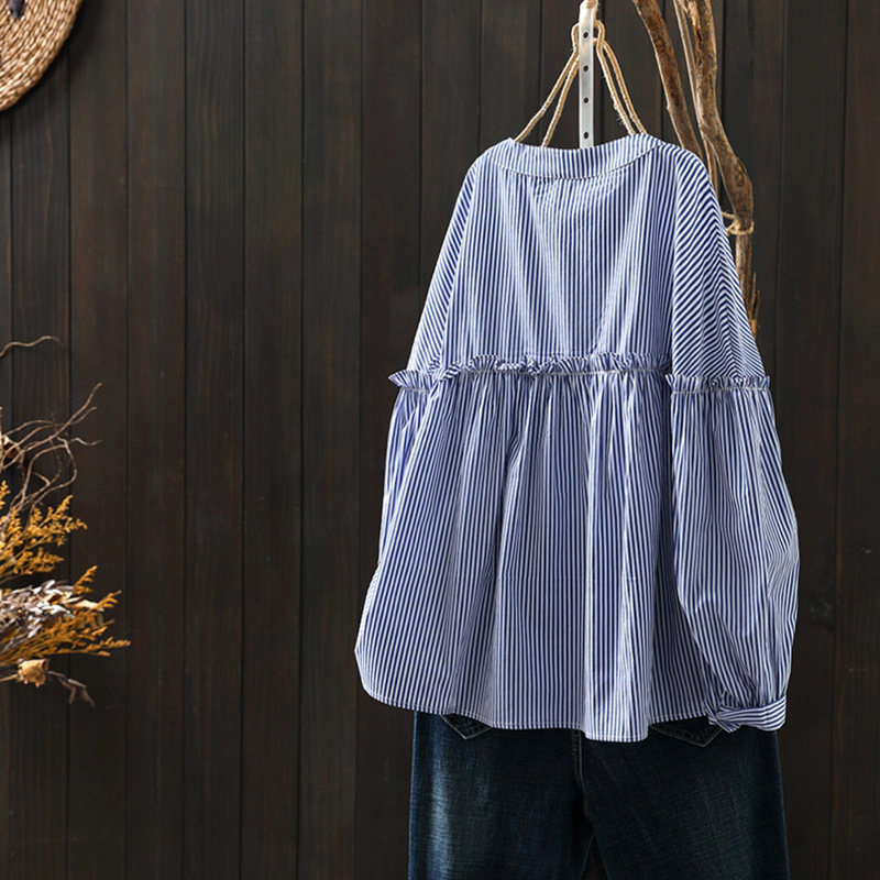 Dámske bavlnené tričko s dlhým rukávom, modrým pruhom a priamym predajom z továrne, jarné, nové, štýlové, s hubou, voľné, sťahujúce, s horným spodným dielom