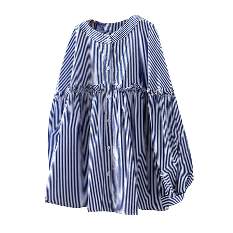 Dámske bavlnené tričko s dlhým rukávom, modrým pruhom a priamym predajom z továrne, jarné, nové, štýlové, s hubou, voľné, sťahujúce, s horným spodným dielom