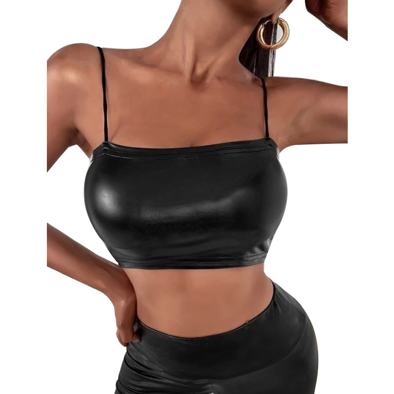 Letné nové sexi vesty Spice Sling s malým pásom z lakovanej kože, dámske oblečenie z európskej a americkej kolekcie Amazon, cezhraničné