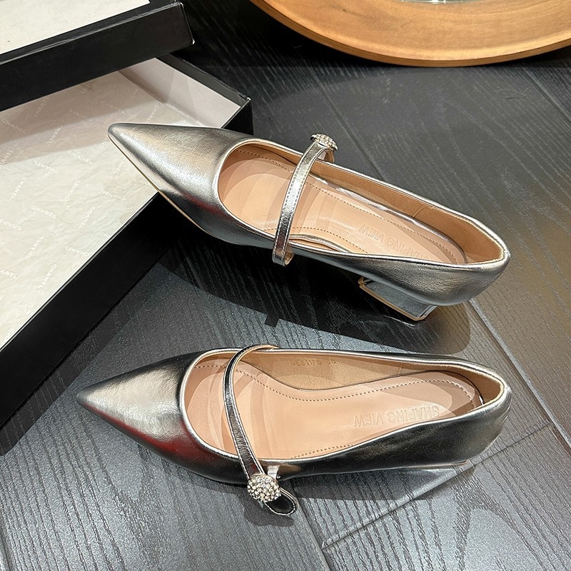 Strieborné jednovrstvové topánky Mary Jane 2024 Jar a jeseň Nové topánky s špicatou špičkou a hrubým podpätkom Dámske vysoko kvalitné topánky na dochádzanie s jedným remienkom