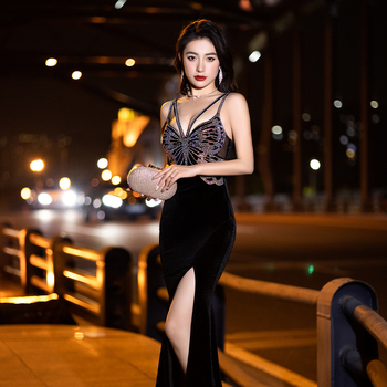 Sling haljina, nova, seksi noćna haljina s V-izrezom, dubokim strukom, baršunasta haljina s uskom suknjom s razdjelnim bokovima