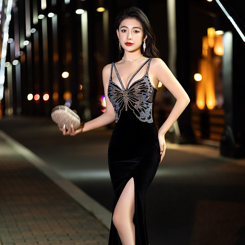 Sling haljina, nova, seksi noćna haljina s V-izrezom, dubokim strukom, baršunasta haljina s uskom suknjom s razdjelnim bokovima