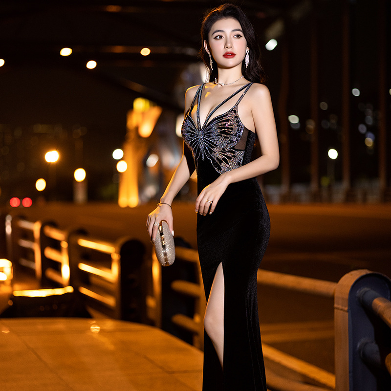 Sling haljina, nova, seksi noćna haljina s V-izrezom, dubokim strukom, baršunasta haljina s uskom suknjom s razdjelnim bokovima