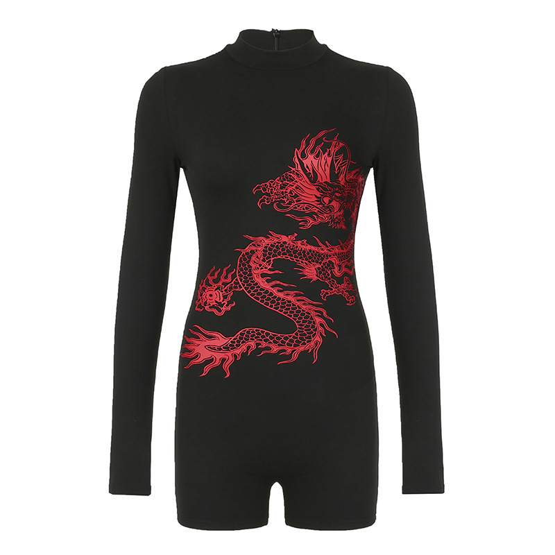 Amazon Ženski novi prepoznatljivi kombinezon s printom zmaja, polu-rolka, uski kroj, sportske duge rukave, jesenske kratke hlače
