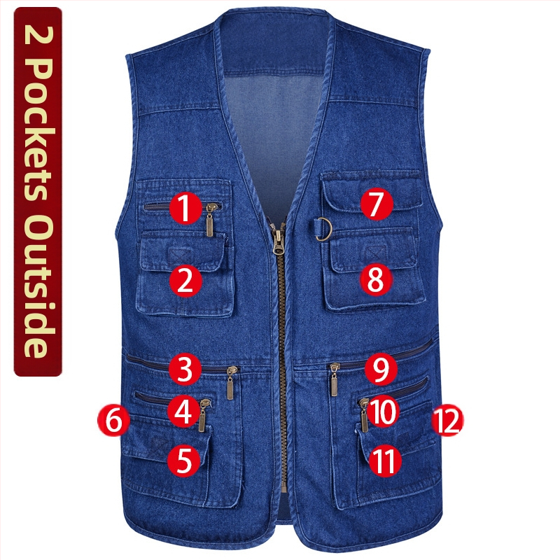 Vidutinio ir pagyvenusio amžiaus vyriška liemenė V formos iškirpte su keliomis kišenėmis laisvalaikio liemenė lauke vyriška žvejybinė liemenė džinsinė liemenė