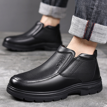 Muške cipele, zimske visoke pamučne cipele od kravlje kože, tople, s flis podstavom, ležerne, za srednje i starije osobe, neklizajuće tatine cipele, generacija kose