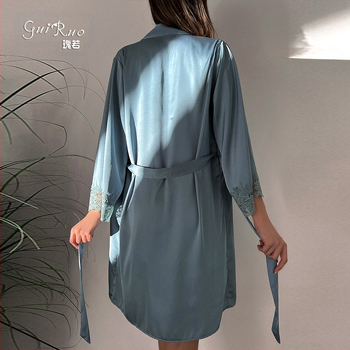 Roosa seksika rinnakorviga sügava V-kujulise satiinist õmblusega pitsist kardigan öösärk koduülikond F4167