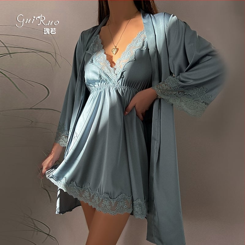Cardigan cu rochie de noapte sexy, cu model satinat și evazabil, cu model V adânc, și cusături din dantelă, roz, F4167