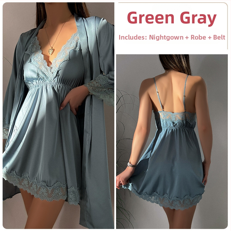 Roosa seksika rinnakorviga sügava V-kujulise satiinist õmblusega pitsist kardigan öösärk koduülikond F4167