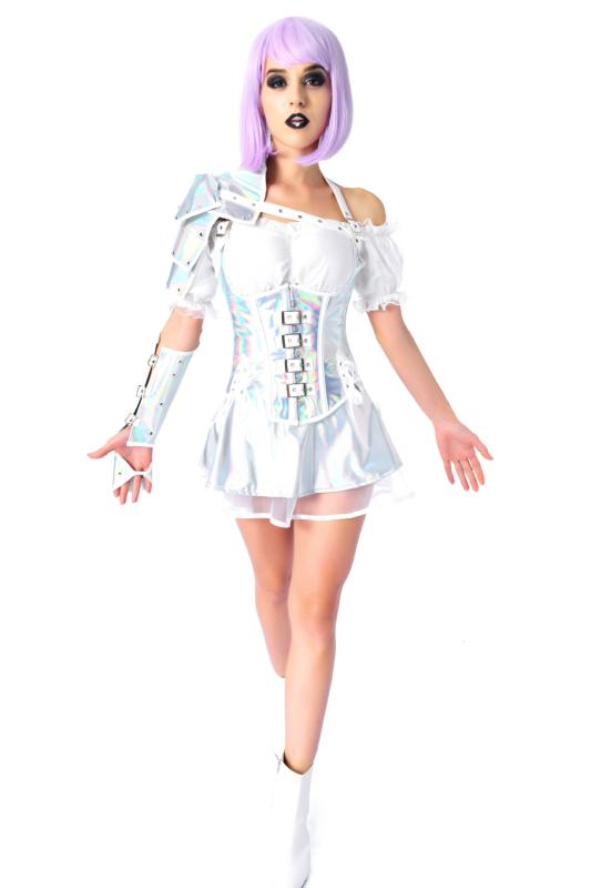 2020. gada kiberpanka stila lāzera zaigojoša sudraba kosmosa tērpa Cosplay festivāla kostīmu 5 daļu komplekts vairumtirdzniecības kosmosa stilā