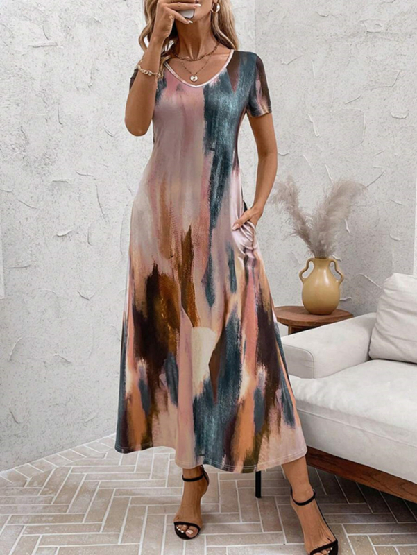 Prekogranična neovisna postaja Europska i američka ženska odjeća 2025. proljeće i ljeto vanjske trgovine temperament print struka haljina kratkih rukava