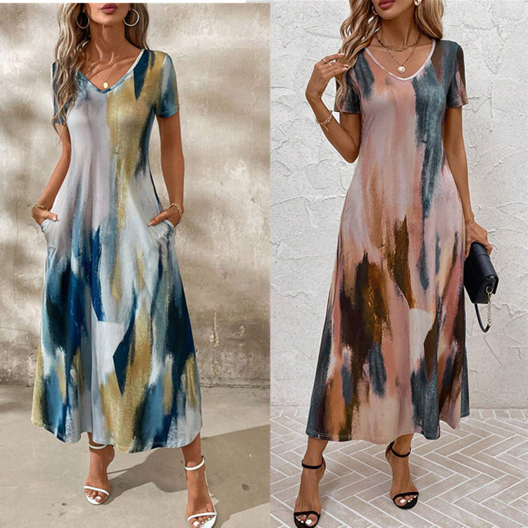 Prekogranična neovisna postaja Europska i američka ženska odjeća 2025. proljeće i ljeto vanjske trgovine temperament print struka haljina kratkih rukava