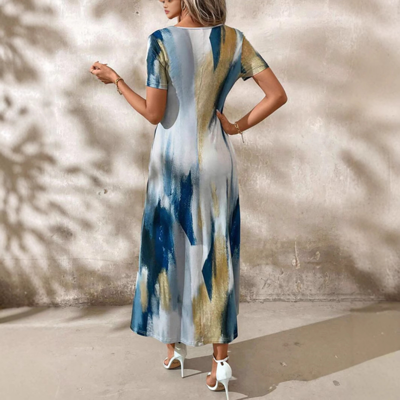 Prekogranična neovisna postaja Europska i američka ženska odjeća 2025. proljeće i ljeto vanjske trgovine temperament print struka haljina kratkih rukava