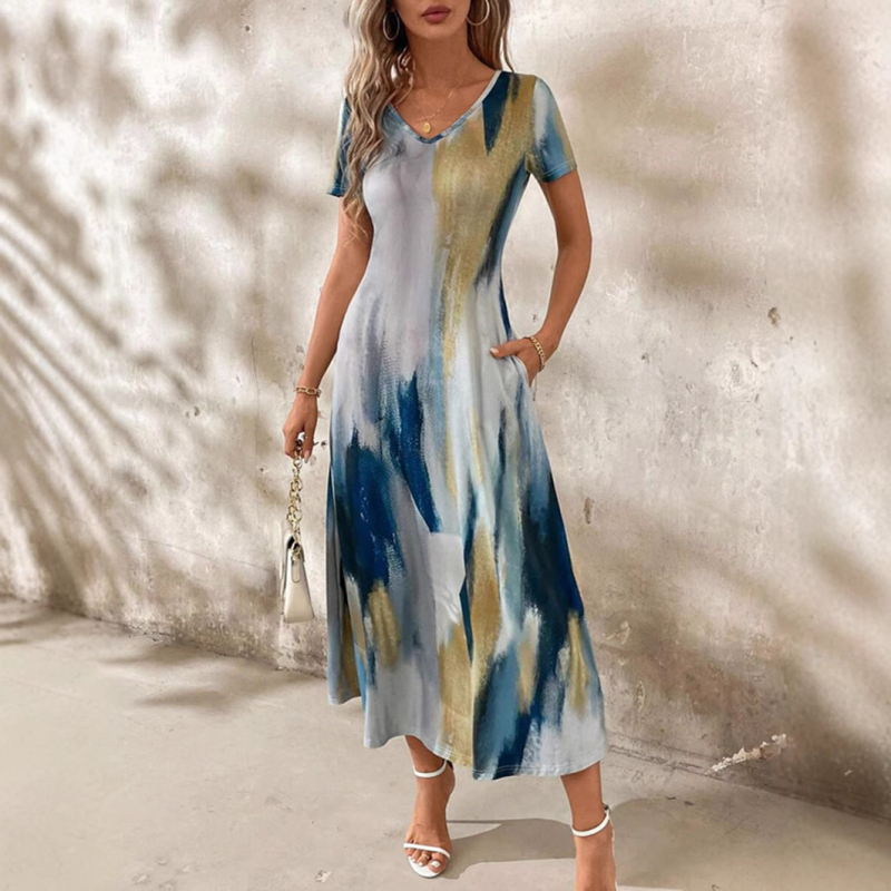 Prekogranična neovisna postaja Europska i američka ženska odjeća 2025. proljeće i ljeto vanjske trgovine temperament print struka haljina kratkih rukava