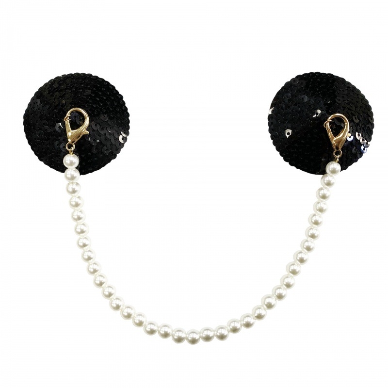 Piiriülesed laos olevad ilukleebised rinnale, seenior pärlkettidega rinnakleebised, seksikad Euroopa ja Ameerika seksikad mustad PU rinnakleebised SM