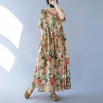 Jednostavna modna boemska haljina za ljeto 2024., nova prekogranična luksuzna haljina s kratkim rukavima i okruglim izrezom, printana
