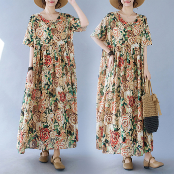 Jednostavna modna boemska haljina za ljeto 2024., nova prekogranična luksuzna haljina s kratkim rukavima i okruglim izrezom, printana