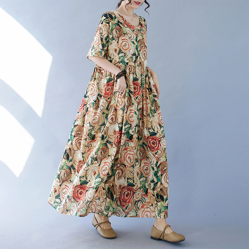 Jednostavna modna boemska haljina za ljeto 2024., nova prekogranična luksuzna haljina s kratkim rukavima i okruglim izrezom, printana